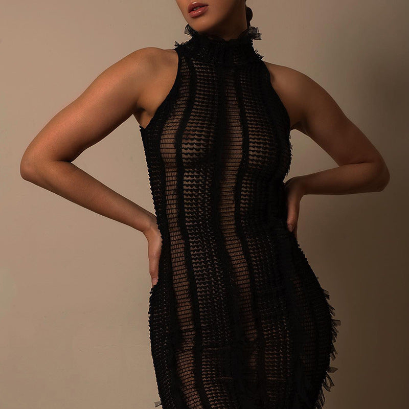 See-Through Halter Turtleneck Dress