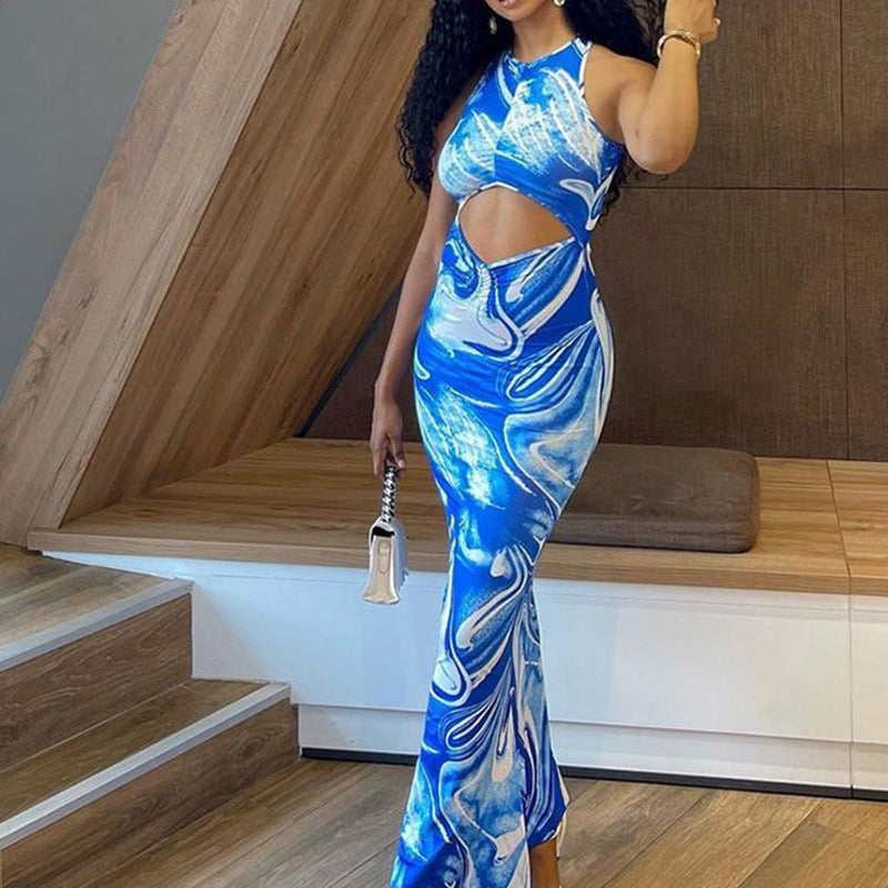 BLUE MARBLE MAXI BACKLESS DRESS
