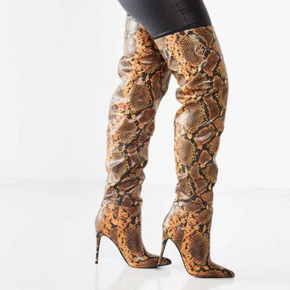 Snakeskin Pointed Toe Over The Knee Boots