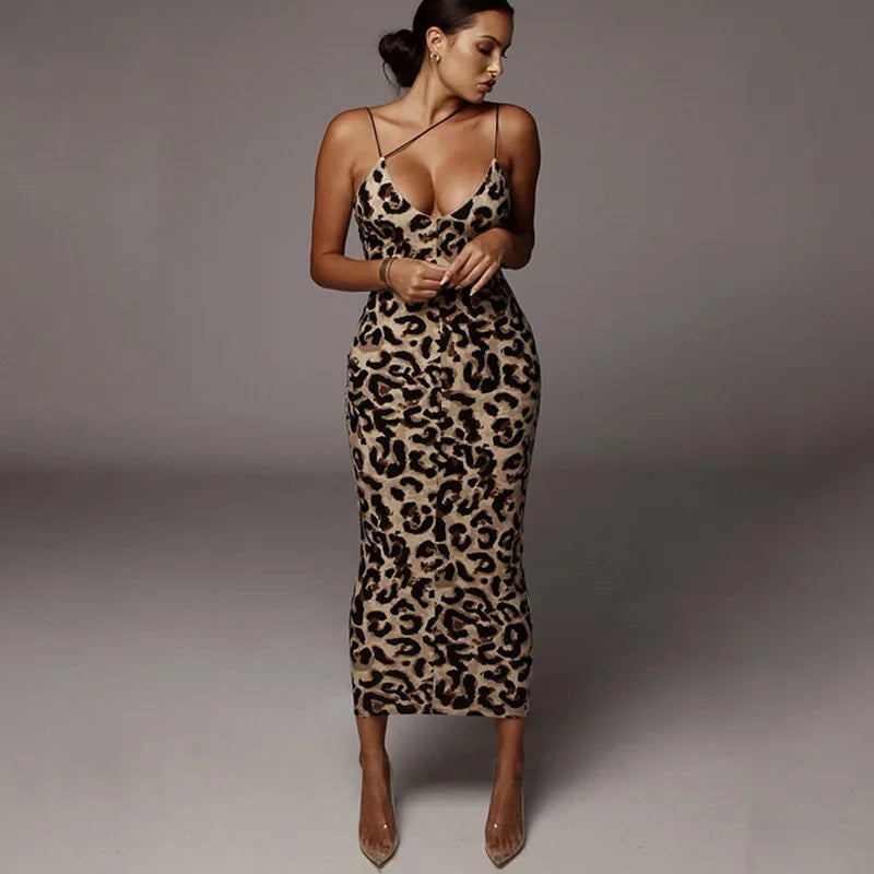 Animal Print Spaghetti Strap Mid-Length Dress