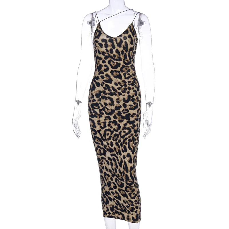 Animal Print Spaghetti Strap Mid-Length Dress