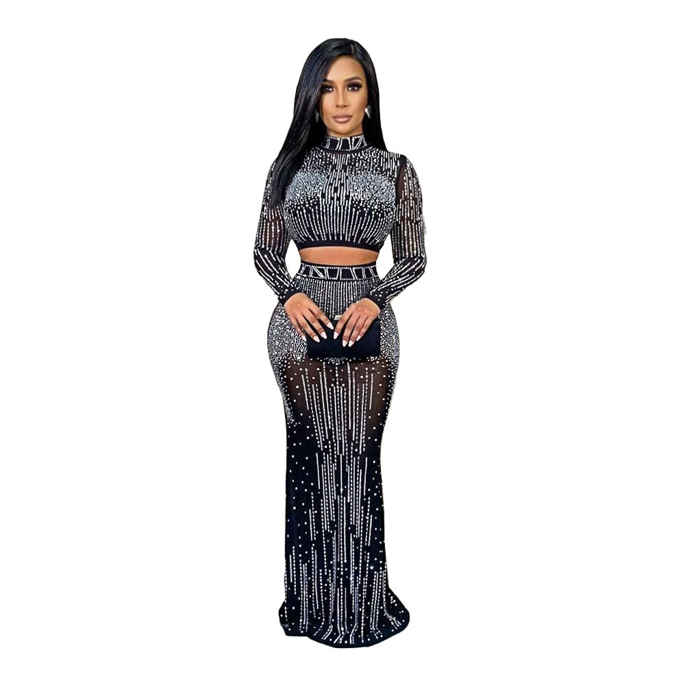 Rhinestone 2 Piece Maxi Mesh Skirt Set