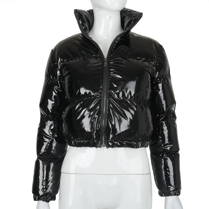 Patent Leather Cropped Puffer Jacket