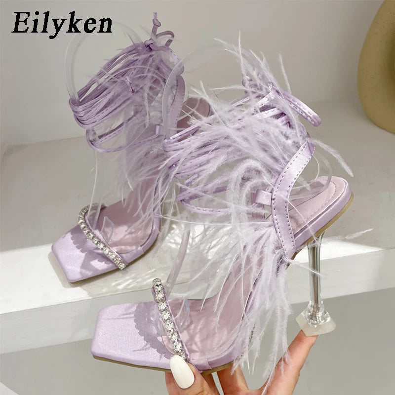 Lavender Feathered And Crystal Square Toe Clear High Heel Tie-Up Shoes