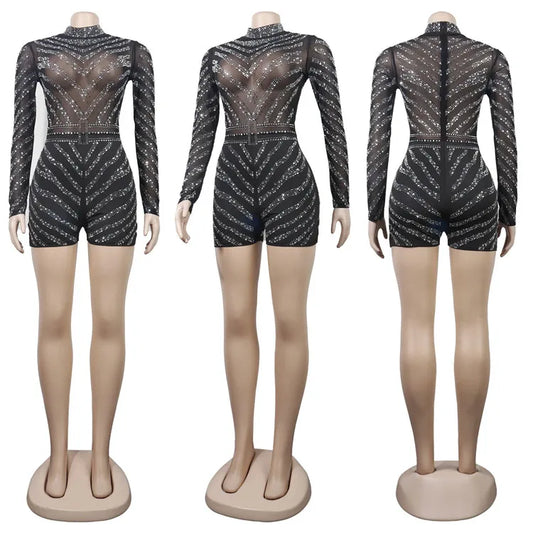 It's Me Mesh High Collar Rhinestone Long Sleeve Romper