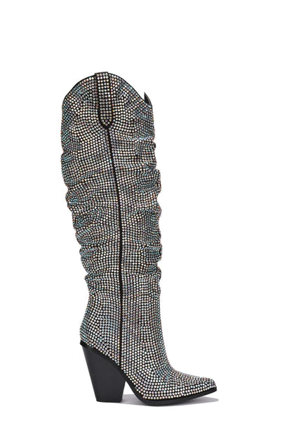 Crystal Knee High Chunky Heel Cowboy Boots