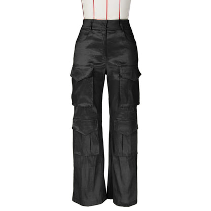 High Waist Satin Pocket Cargo Pants