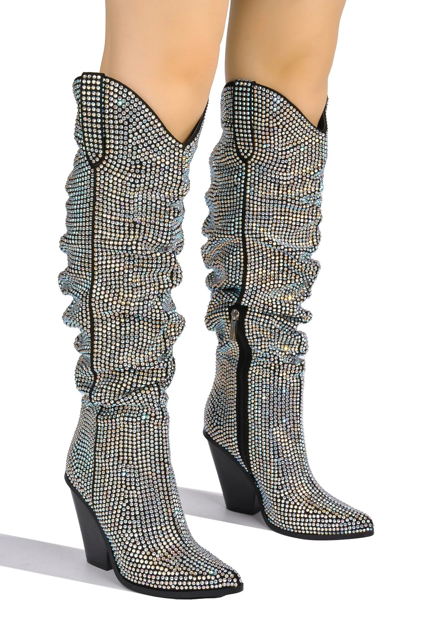 Crystal Knee High Chunky Heel Cowboy Boots