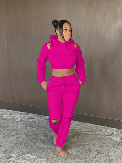 Cold Shoulder Hooded Crop-Top Sweatsuit