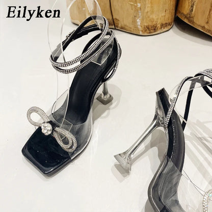 Black Crystal Butterfly-Knot Transparent Square Toe Ankle Strap High Heel Shoes