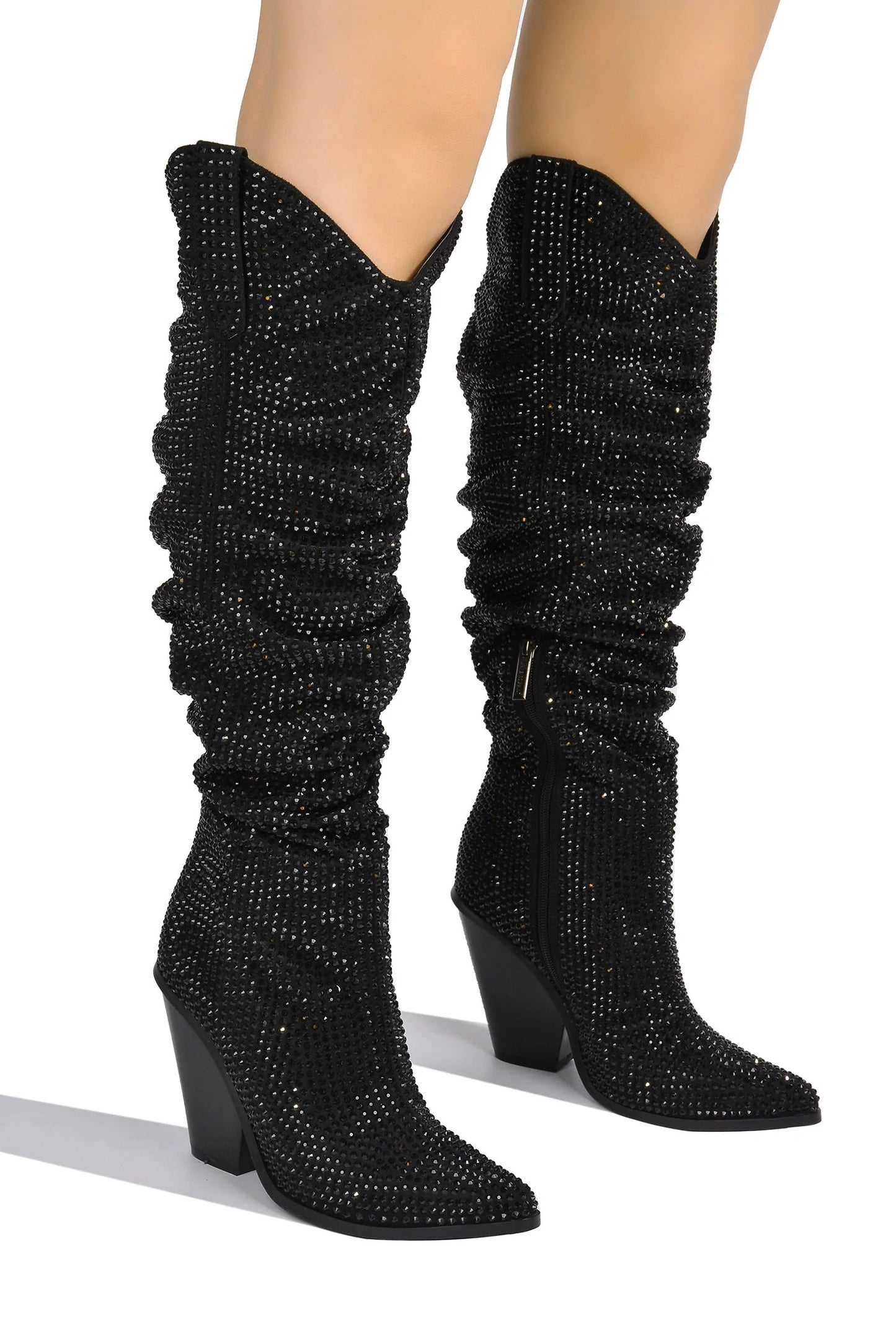 Crystal Knee High Chunky Heel Cowboy Boots