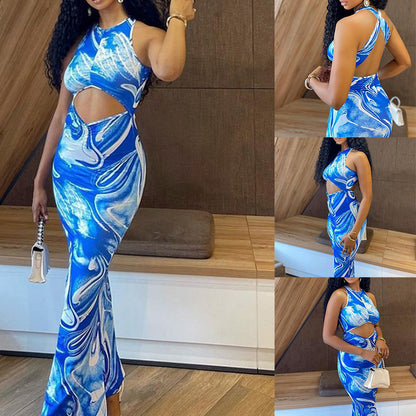 BLUE MARBLE MAXI BACKLESS DRESS