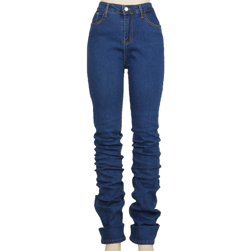 Ruched Denim Blue High Wait Stacked Pants