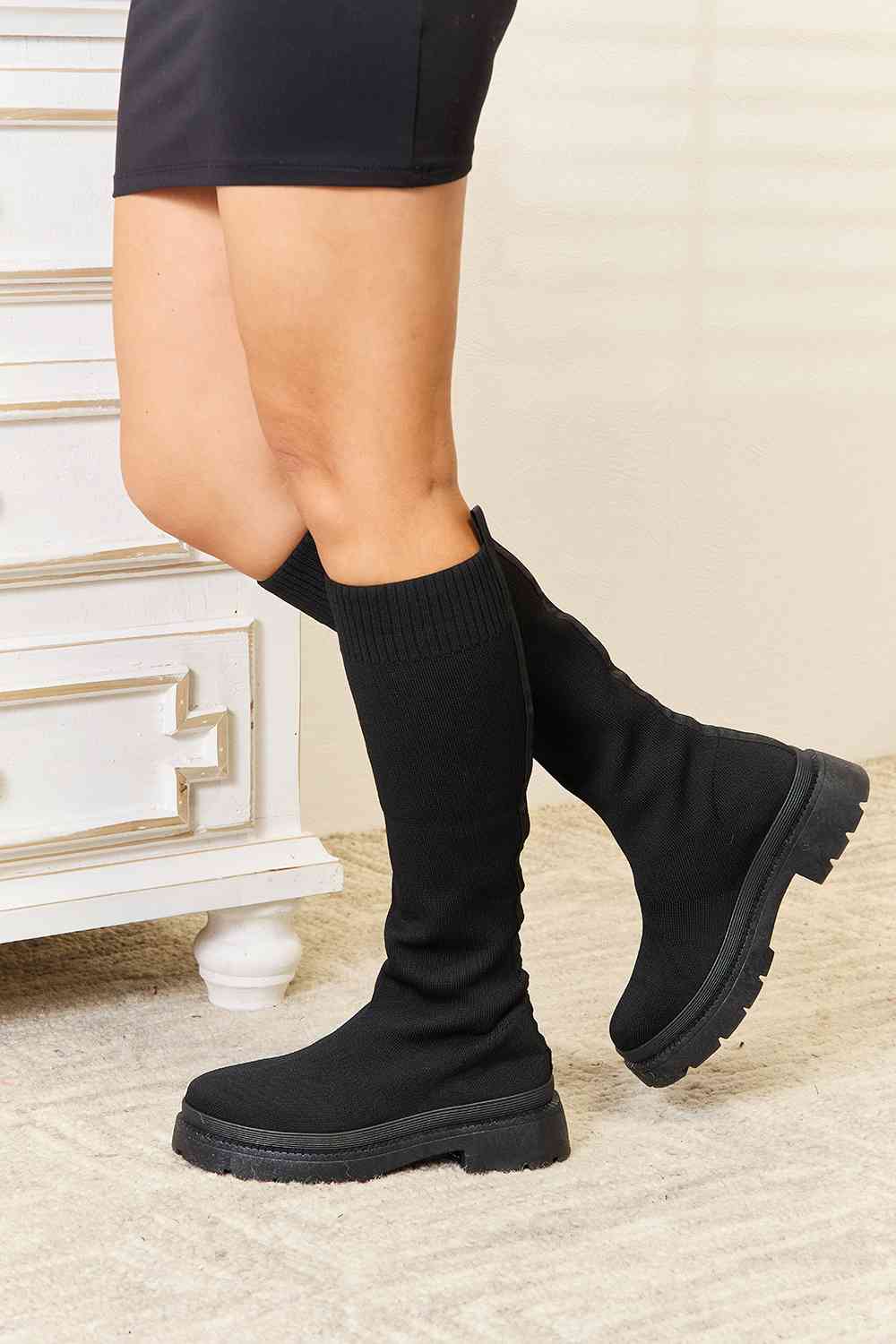 Black Knee High Platform Sock Boots