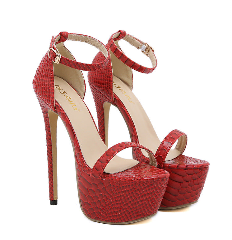 Red Waterproof Platform Stiletto With Snake Pattern Sandals