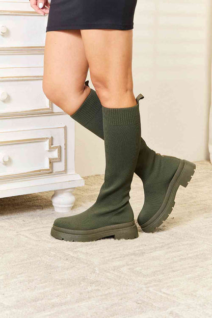 Olive Knee High Platform Sock Boots