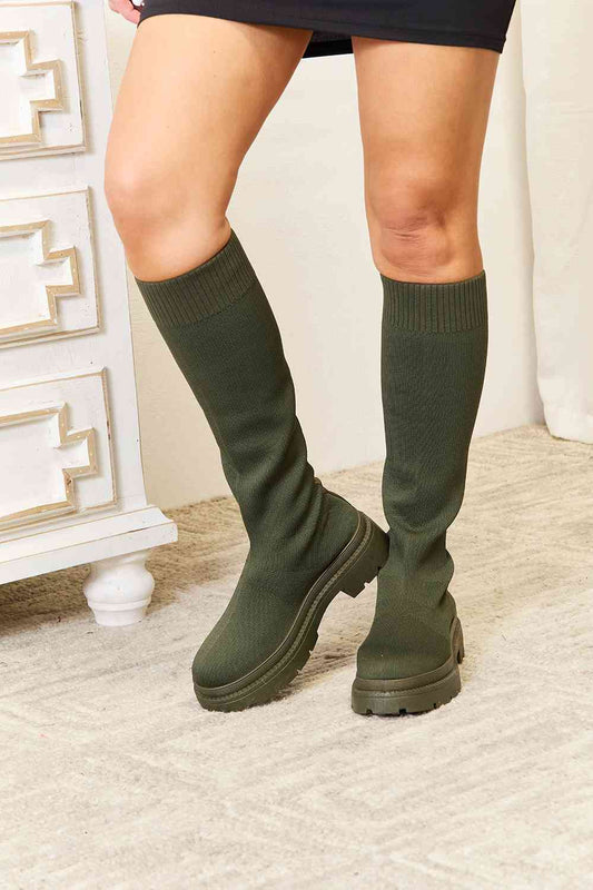 Olive Knee High Platform Sock Boots