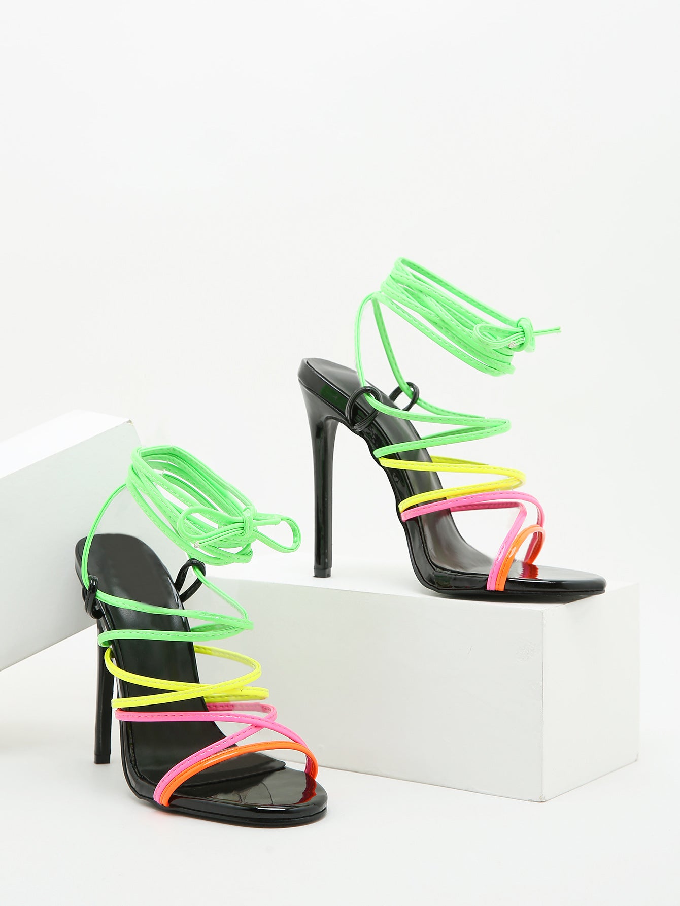 Round Toe Colorful Strappy Leather High-Heel Sandals