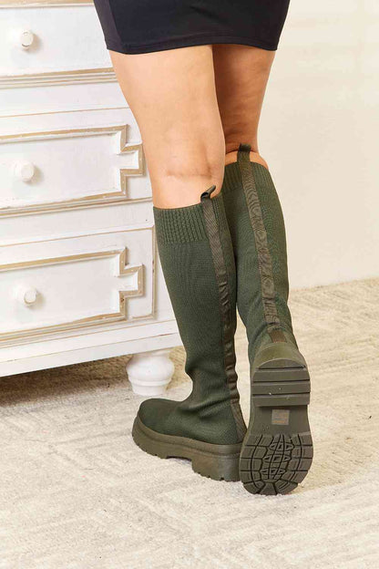 Olive Knee High Platform Sock Boots