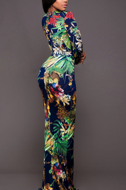 Tropical Printed Plunge Neck Leg Split Maxi Dress