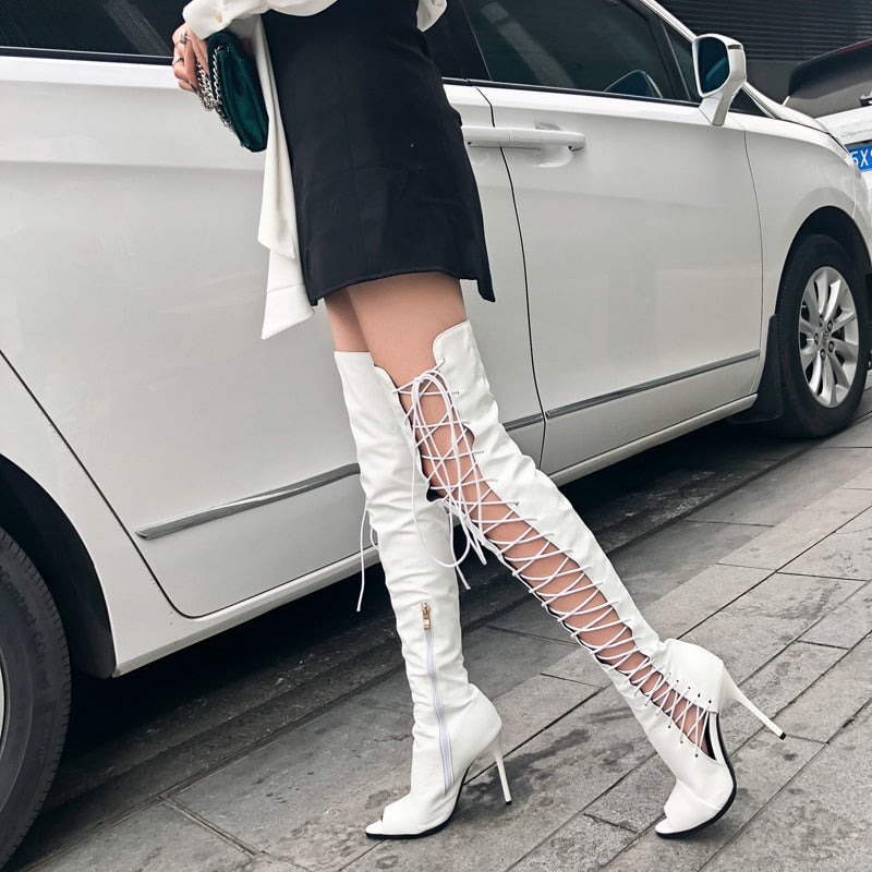 Sexy Thigh High Lace Up Peep Toe Boots