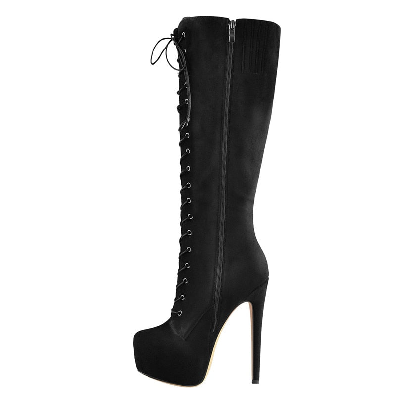 Platform Zippered Knee High Lace Up Boots