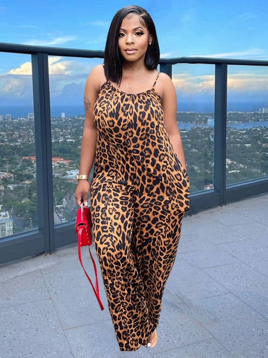 Plus Size Leopard Print Pocket Design Jumpsuit