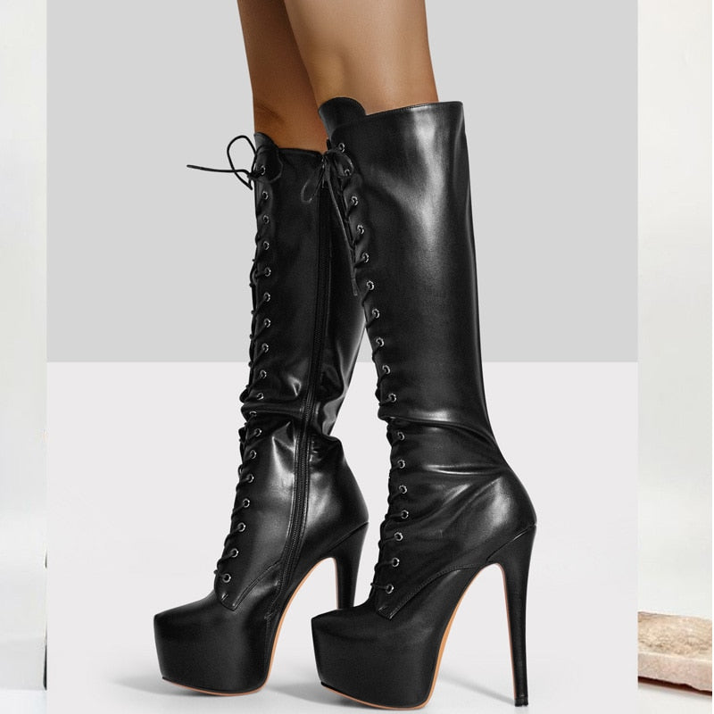 Platform Zippered Knee High Lace Up Boots