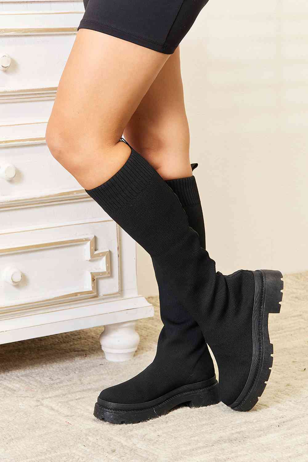 Black Knee High Platform Sock Boots