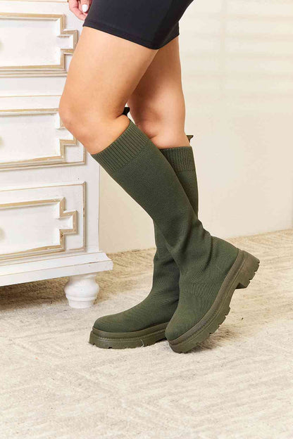 Olive Knee High Platform Sock Boots